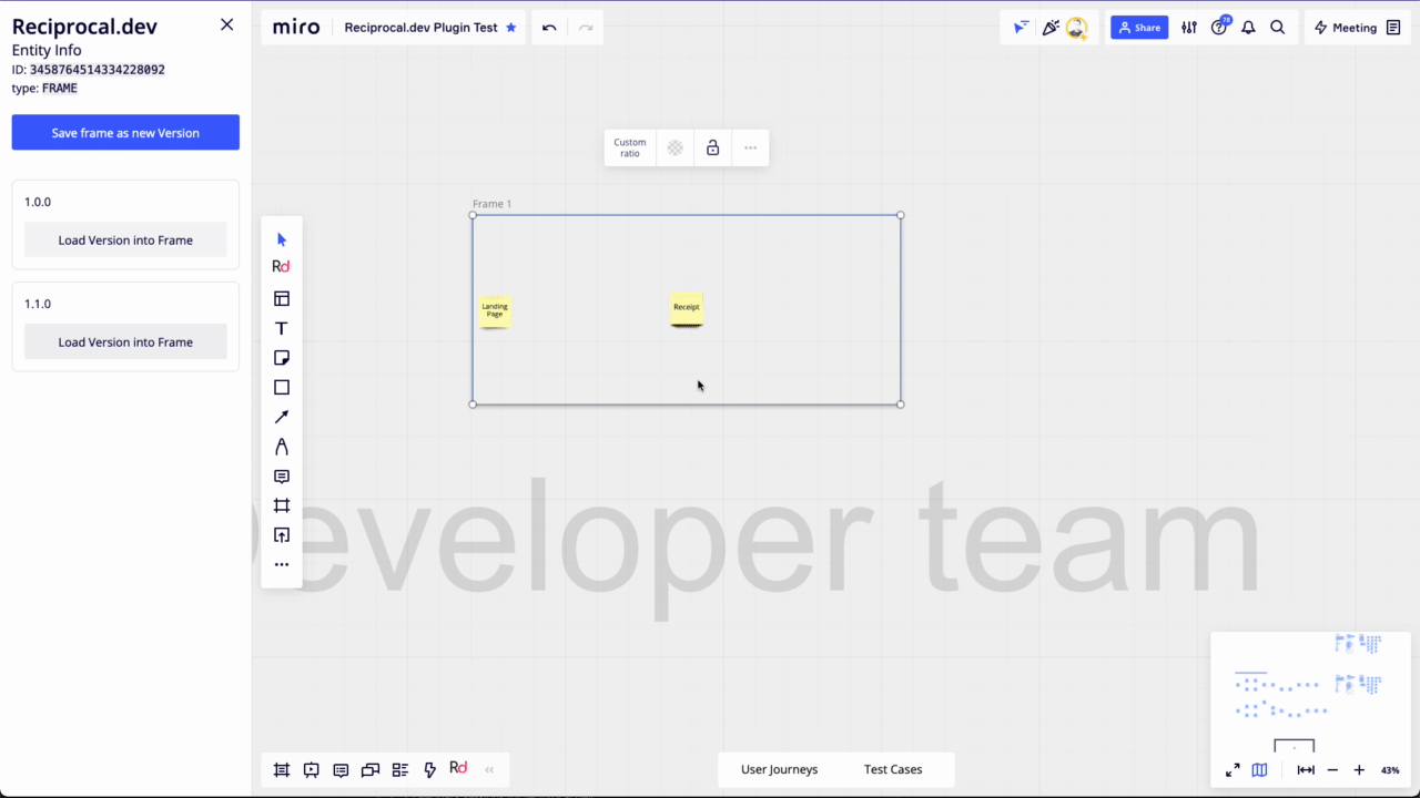 Example of the Reciprocal.dev miro plugin showing loading a version into a frame and activating test coverage & user journey visualisations