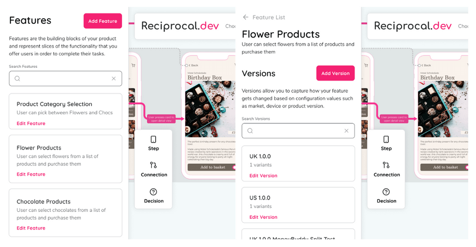 reciprocal.dev screens for feature lists and selected feature