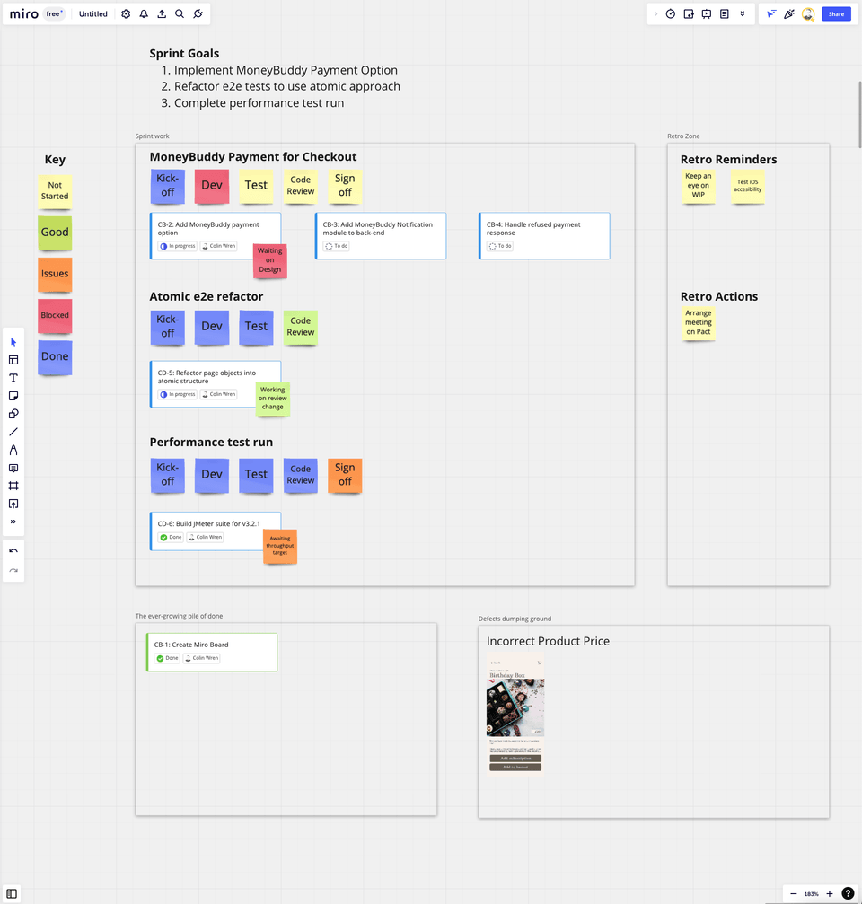 A recreation of the information radiator I created in Miro. We have access to enterprise features so the real thing is a little different but the concept remains the same