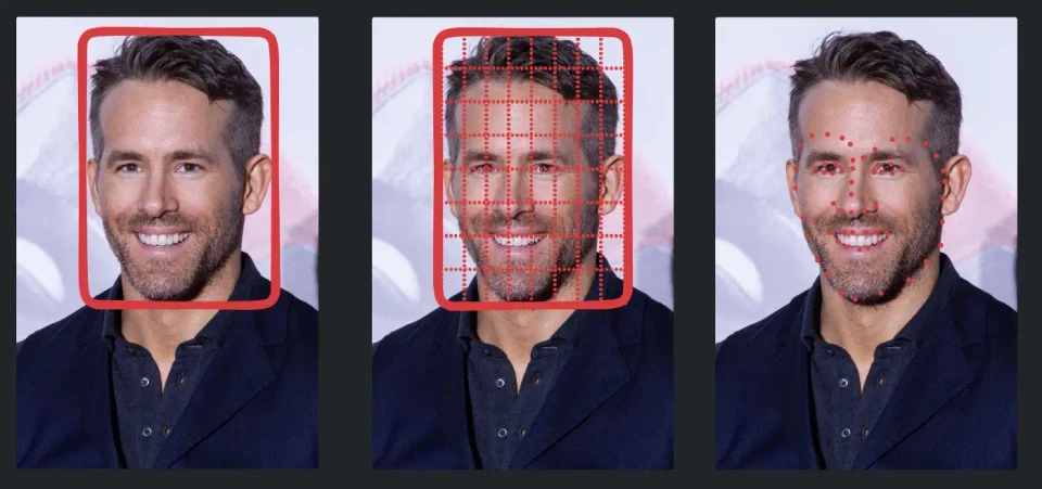 A rough representation of how the face is recognised, the landmarks are identified and the descriptor array is generated