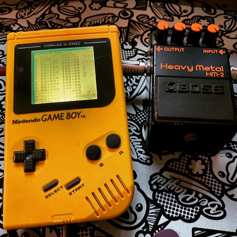 gameboy running lsdj next to a boss hm-2 guitar pedal