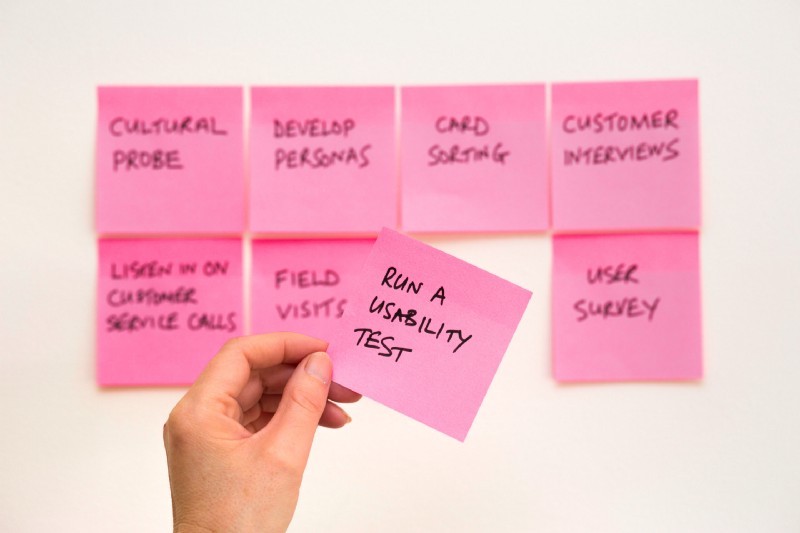sticky notes, one says run usability tests